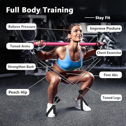 Pilates Bar Kit Perfect for Home Office Gym 4Pcs Resistance 3Pcs Adjustable 2Pcs Feet (10Pcs Set)