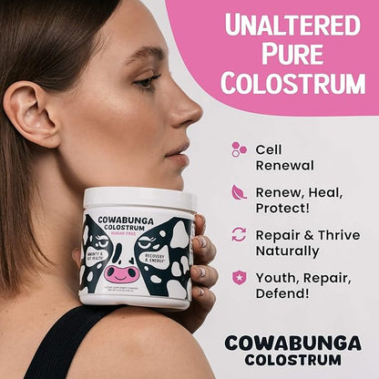 Cowabunga Colostrum - Premium, Pure & Unaltered Colostrum Powder Supplement - for Immune Support, Gut Health, Muscle Recovery & Wellness - Kosher & Halal Certified Calostro