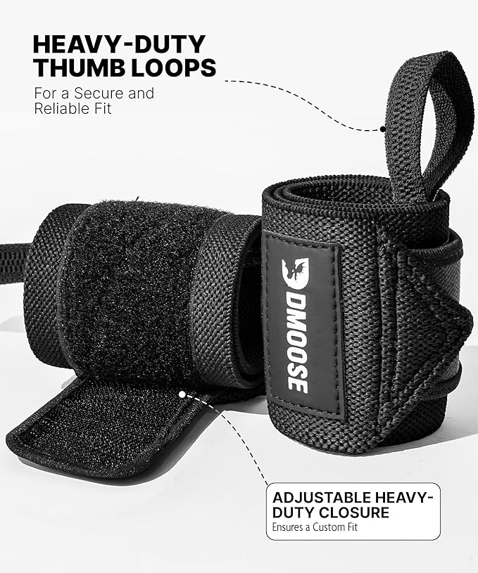 DMoose Fitness Wrist Wraps for Weightlifting - IPL Approved Premium Lifting Straps with Thumb Loops for Powerlifting, Bodybuilding & Weight Lifting, Compression Gym Wrist Support for Working Out