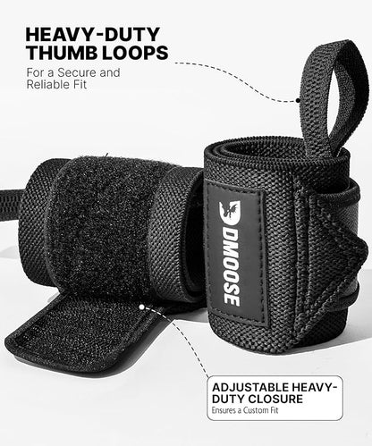 DMoose Fitness Wrist Wraps for Weightlifting - IPL Approved Premium Lifting Straps with Thumb Loops for Powerlifting, Bodybuilding & Weight Lifting, Compression Gym Wrist Support for Working Out