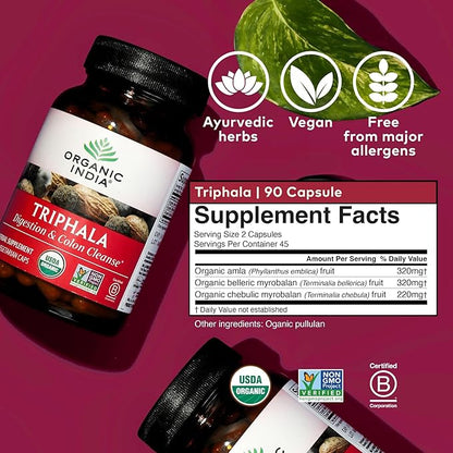 ORGANIC INDIA Triphala Capsules Organic - Herbal Supplement with Amla, Bibhitaki, Haritaki, Digestion & Colon Support, Immune System Support, Adaptogen, Vegan, USDA Certified Organic - 90 Capsules
