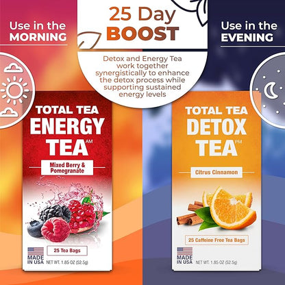 Total Tea Detox Tea & Energy Tea Set - 25 Day Detox Tea - Herbal SIim Tea with Chamomile - Hibiscus Tea and Ginger Root for Colon Cleanse – Natural Citrus & Cinnamon Herbal Tea for Digestive Health (25-Pack, Detox & Energy Tea)