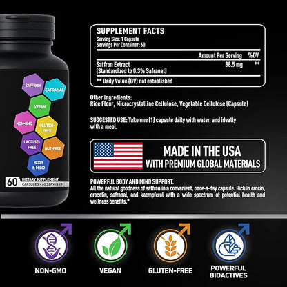 Optimized Saffron Supplements - 88.5mg Pure Saffron Extract for Mood Support, Focus, Energy - Happy Saffron Plus Crocin, Crocetin, Kaempferol - Gluten-Free, Non-GMO - 1-a-Day 60 Vegan Saffron Capsules