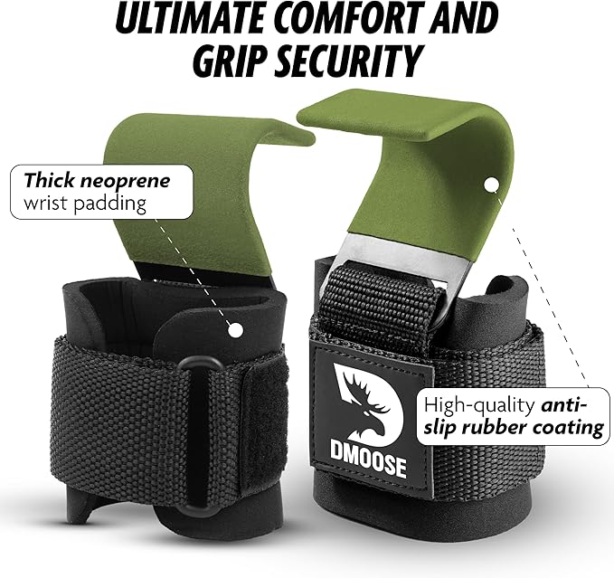 DMoose Fitness Weight Lifting Hooks (Pair) for Deadlifts, Pull Ups & Shrugs - 500 Lbs Capacity, Thick Wrist Padding - Heavy Duty Gym Workout Grips Straps for Men and Women