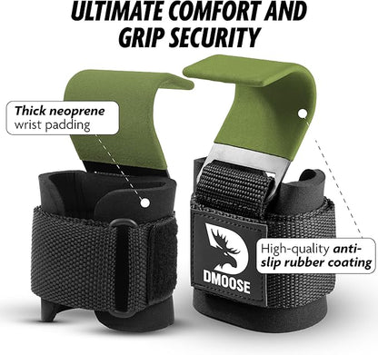 DMoose Fitness Weight Lifting Hooks (Pair) for Deadlifts, Pull Ups & Shrugs - 500 Lbs Capacity, Thick Wrist Padding - Heavy Duty Gym Workout Grips Straps for Men and Women