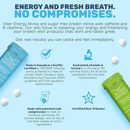 Viter Energy 40mg Caffeine Mints, Sugar Free, B Vitamins, Vegan, Energy & Focus Nootropic Supplement (Variety Flavors, 20pcs, 5 Pack, 100pcs Total)