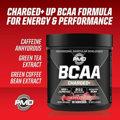 PMD Sports BCAA Charged Delicious Amino Acid Drink Mix for Performance, Recovery, Endurance and Hydration - Increase Muscle Function for Workout and Daily Energy – Cherry Limeade (30 Servings)