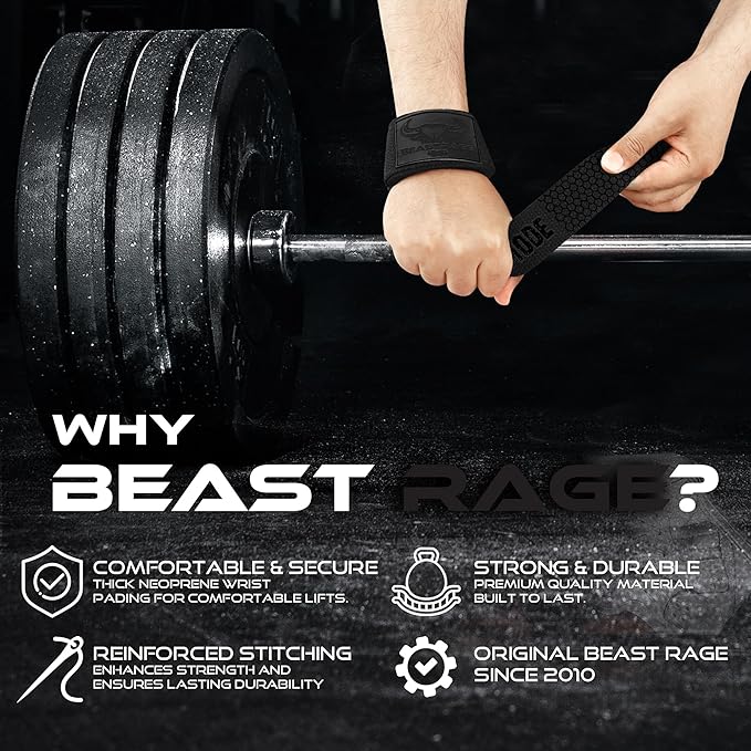 BEAST RAGE Lifting Straps for Weightlifting, Weight Lifting Straps Gym Power Workouts Lifting Wrist Straps Padded Cotton Men Women Support Lifters Deadlift Straps Hard Pull Exercise Straps