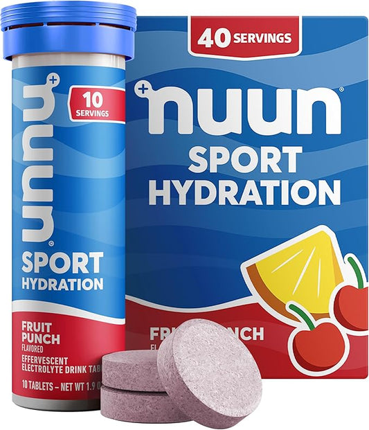 Nuun Sport Electrolyte Tablets - Dissolvable in Water, Fruit Punch, 5 Essential Electrolytes for Hydration, 1g Sugar Drink Mix, Vegan, Non-GMO, 4 Pack (40 Total Servings)