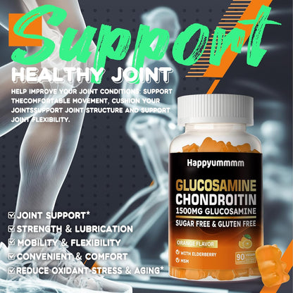 Glucosamine Chondroitin Gummies with MSM & Elderberry Extra Strength - Joint Support, Antioxidant Immune Support Supplement for Adults, Men & Women.90 Orange Gummies