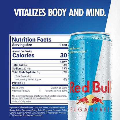 Red Bull Sugar Free Energy Drink with 189mg Caffeine plus Taurine & B Vitamins, 20 Fl Oz, Pack of 12 Cans