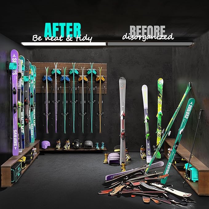 Ski & Snowboard Wall Rack for Garage Wall Fits Any Ski/board, Ski Wall Mount Holders Damage-Free Storage Rack, Garage Organization Space-Saving Winter Gear Organizer, Green, 6 Pack