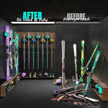 Ski & Snowboard Wall Rack for Garage Wall Fits Any Ski/board, Ski Wall Mount Holders Damage-Free Storage Rack, Garage Organization Space-Saving Winter Gear Organizer, Green, 6 Pack