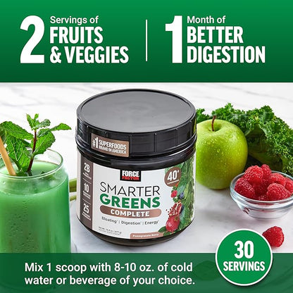 FORCE FACTOR Smarter Greens Superfoods Powder to Support Digestion, Gut Health, Bloating, Greens Powder with Probiotics, Prebiotics, Digestive Enzymes, & Adaptogens, Pomegranate Berry, 30 Servings