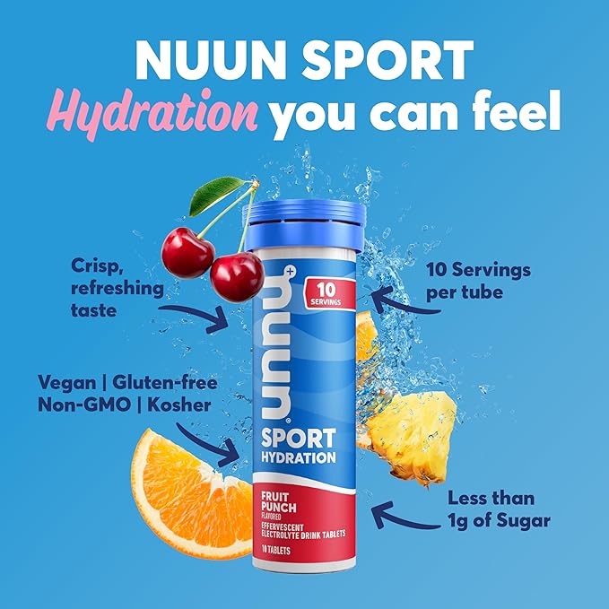 Nuun Sport Electrolyte Tablets - Dissolvable in Water, Fruit Punch, 5 Essential Electrolytes for Hydration, 1g Sugar Drink Mix, Vegan, Non-GMO, 4 Pack (40 Total Servings)