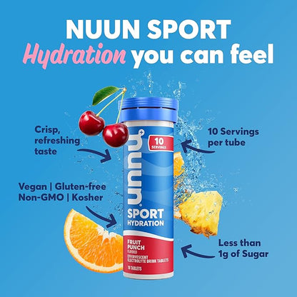Nuun Sport Electrolyte Tablets - Dissolvable in Water, Fruit Punch, 5 Essential Electrolytes for Hydration, 1g Sugar Drink Mix, Vegan, Non-GMO, 4 Pack (40 Total Servings)