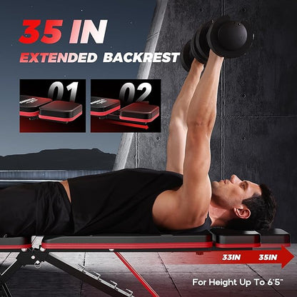 FLYBIRD Adjustable Weight Bench with Headrest 6'5'', 750LBS 750LBS Weight -FBHR24