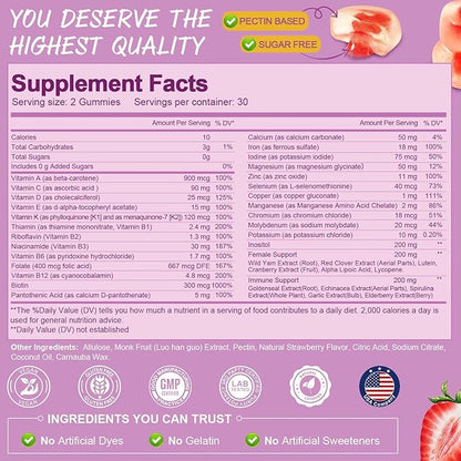 Sugar Free Multivitamin Gummies for Women 14+ w/Inositol, Iron, Folate, Biotin, Womens Daily Multivitamin Gummy w/Vitamin A, D, C, B, Support Hair, Skin, Energy, Immune, Strawberry Flavor