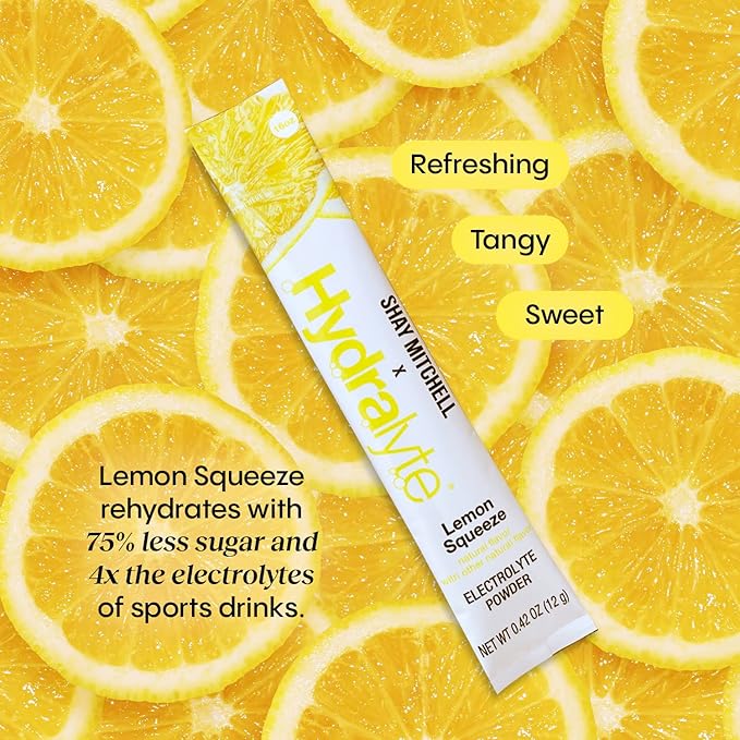 Hydralyte Shay Mitchell Low Sugar Rapid Rehydration - Lightly Sparkling Electrolyte Powder Packets, Lemon Squeeze | Travel Essential - Workout Essential - Recovery Powder (18 Count)