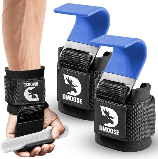 DMoose Fitness Weight Lifting Hooks (Pair) for Deadlifts, Pull Ups & Shrugs - 500 Lbs Capacity, Thick Wrist Padding - Heavy Duty Gym Workout Grips Straps for Men and Women