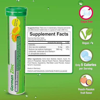 T&D German Zinc 5 mg - 240 Vegan Drink Effervescent Tablets - Peach-Passionfruit Flavor - Made in Germany