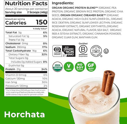 Orgain Organic Vegan Protein Powder, Horchata - 21g Plant Based Protein, 9g Prebiotic Fiber, Low Net Carb, No Lactose Ingredients, No Added Sugar, Non-GMO, For Shakes & Smoothies, 2.03 lb