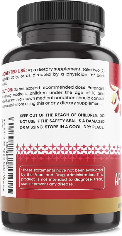 Ancient Bliss Apple Cider Vinegar Organic Capsules with The Mother, Helps Improve Digestion, Unfiltered Vinegar Capsules, 1600MG (120 Capsules)