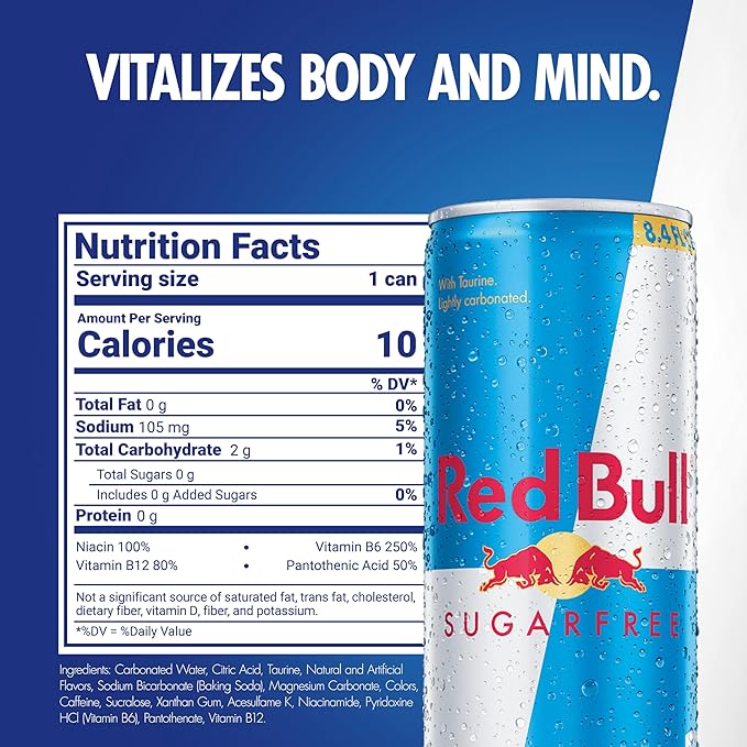 Red Bull Sugar Free Energy Drink with 80mg Caffeine plus Taurine & B Vitamins, 8.4 Fl Oz, Pack of 24 Cans