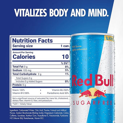 Red Bull Sugar Free Energy Drink with 80mg Caffeine plus Taurine & B Vitamins, 8.4 Fl Oz, Pack of 24 Cans