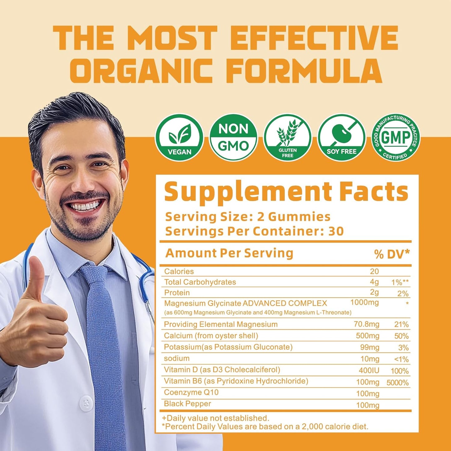 Magnesium Glycinate Gummies 1000mg - Sugar Free Magnesium Potassium Supplement with Vitamin D, B6, CoQ10 for Calm Mood & Sleep Support - 60 Orange Gummies