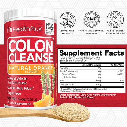 Health Plus Colon Cleanse Digestive Support | Natural Sweetener without Artificial Flavors | Daily Fiber for Toxin Elimination To Reduce Bloating | Orange Flavor | 9 Ounces, 36 Servings