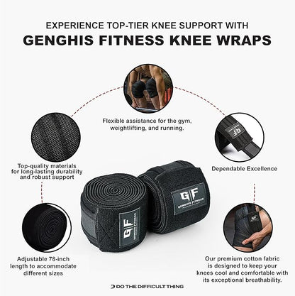 Genghisfitness 72" Weightlifting Knee Wraps Pair for Squats, Weightlifting, Powerlifting