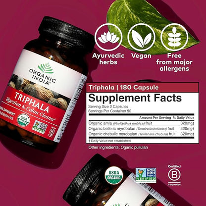 ORGANIC INDIA Triphala Capsules Organic - Herbal Supplement with Amla, Bibhitaki, Haritaki, Digestion & Colon Support, Immune System Support, Adaptogen, Vegan, USDA Certified Organic - 180 Capsules