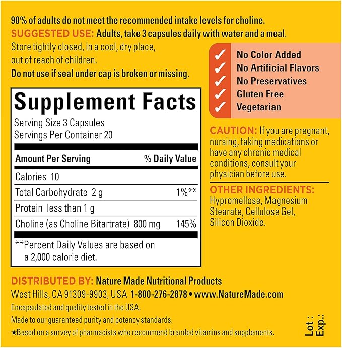 Nature Made Extra Strength Dosage Choline Supplements 800 Mg Per 3 Capsules, Brain Health, Mood, Muscle & Liver Support, Vegetarian, 60 Capsules, 20 Day Supply