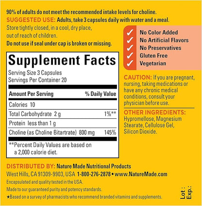 Nature Made Extra Strength Dosage Choline Supplements 800 Mg Per 3 Capsules, Brain Health, Mood, Muscle & Liver Support, Vegetarian, 60 Capsules, 20 Day Supply