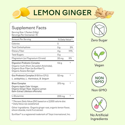 Feel Goods Gut Guardian, Prebiotic & Probiotic Powder, Sugar Free, Organic Fiber, Organic Herbs for Bloat, Gut Health Support, Digestive Health for Men & Women, Non GMO, Vegan | Lemon Ginger, 15 Count