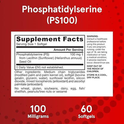 Jarrow Formulas PS100 Phosphatidylserine 100 mg, Dietary Supplement for Brain Health and Cognition Support, 60 Softgels, 20-60 Day Supply, Pack of 12
