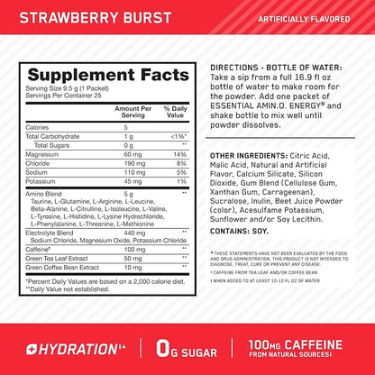 Optimum Nutrition Amino Energy Plus Hydration Packets, On-The-Go Energy Powder Stick Packs, Strawberry Burst, 25 Count