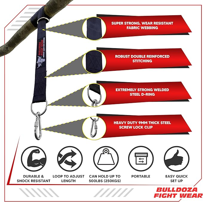 Boxing Punch Bag Strap/Sling – Heavy Duty Bag Hanger with 9mm Steel Screw Lock Carabiner - 500lbs Bag Holding Capacity Strap Mount Black 3 Sizes
