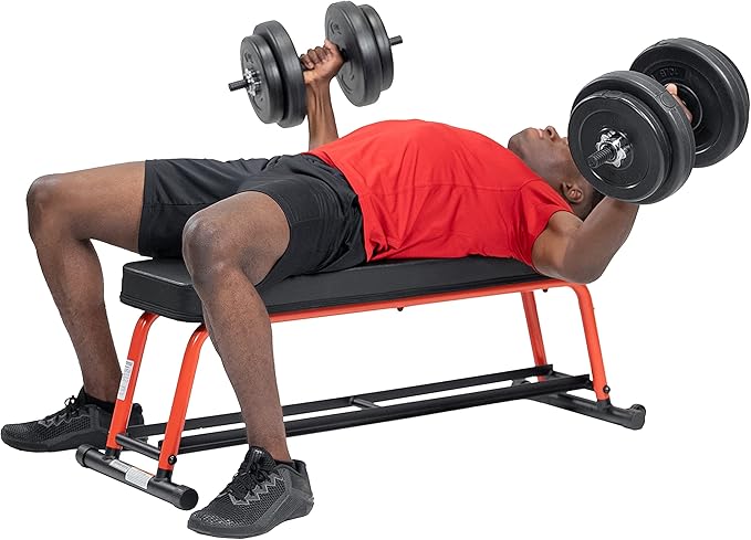 Sunny Health & Fitness Flat Weight Bench Optional Dumbbell Rack for Strength Training, Full Body Workout, Exercise, Home Gym