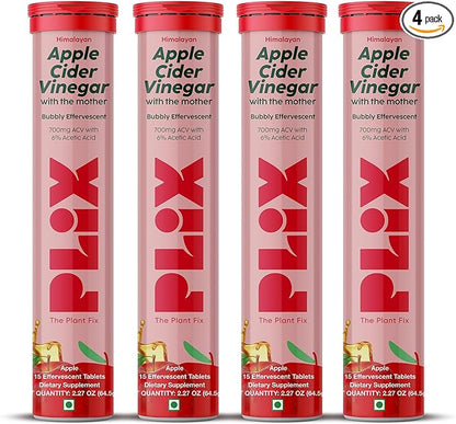 PLIX Apple Cider Vinegar Effervescent Tablets with The Mother, 700mg ACV with VIT B12, B6, Pack of 4 | Vegan, No Added Sugar, Non-GMO & Gluten-Free