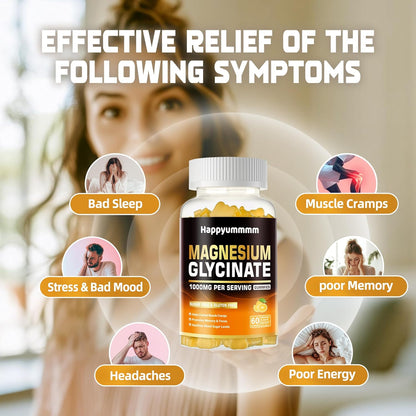 Magnesium Glycinate Gummies 1000mg - Sugar Free Magnesium Potassium Supplement with Vitamin D, B6, CoQ10 for Calm Mood & Sleep Support - 60 Orange Gummies