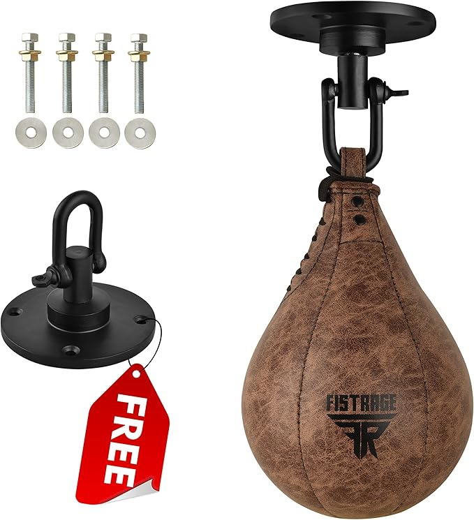 Speed Ball Boxing Bag Leather MMA Muay Thai Training Punching Dodge Striking Kit with Free Hanging Swivel Workout Speedball Kicking Platform Equipment (Black)