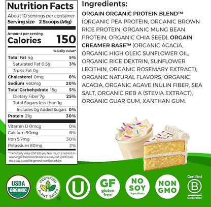 Orgain Organic Vegan Protein Powder, Birthday Cake - 21g Plant Based Protein, 7g Prebiotic Fiber, Low Net Carb, No Lactose Ingredients, No Added Sugar, Non-GMO, for Shakes & Smoothies, 1.02 lb