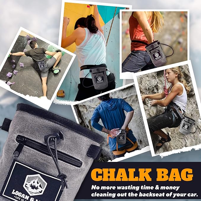 Chalk Bag for Rock Climbing| Waxed Canvas Climbing Chalk Bag w/Drawstring, Adjustable Belt, 2 Large Zippered Pockets|Water Resistant Rock Climbing Chalk Bag| Climbing Chalk Bags |Chalk Bag Bouldering