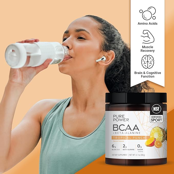 Dr. Mercola Pure Power BCAA + Beta-Alanine, Tropical Punch Flavor, 11.7 oz (333 g), 30 Servings, 6g BCAA, 2g Beta-Alanine, 0g Sugar, Non-GMO