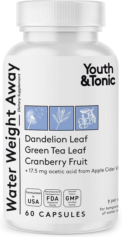 Youth & Tonic Natural Water Weight Away Pills for Belly Bloating, Water Retention & Fluid Loss – Herbal Diuretics for Swollen Legs, Feet, and Swelling – Dandelion Diuretic for Women & Men – 60 Caps