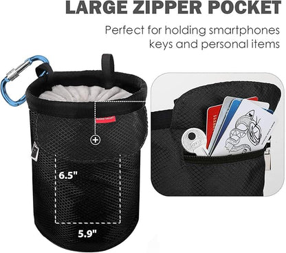 Rhino Valley Climbing Chalk Bag, No Leak Drawstring Chalk Bag with Adjustable Belt, Carabiner Clip and Zippered Pockets Chalk Bag for Climbing, Cross Fit, Weight Lifting & More