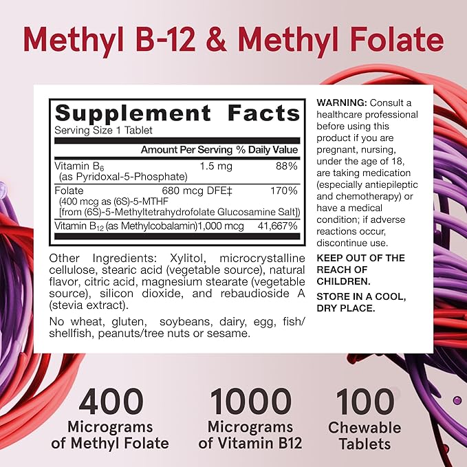 Jarrow Formulas Methyl B-12 1000MCG & Methyl Folate 400MCG,Extra Strength,Cellular Energy Metabolism & Cardiovascular Health Formula(1) With P-5-P,100Chewable Tabs,Up to a 100 Day Suppl,12Packs