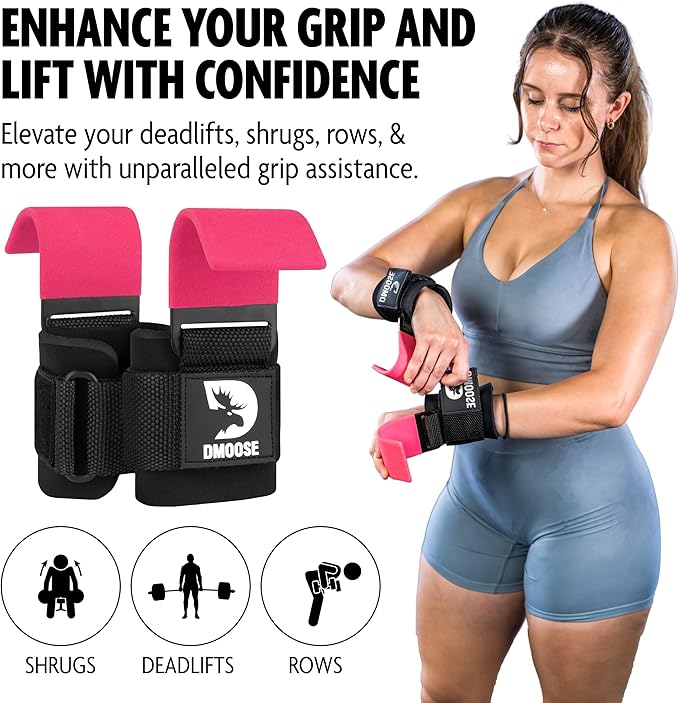 DMoose Fitness Weight Lifting Hooks (Pair) for Deadlifts, Pull Ups & Shrugs - 500 Lbs Capacity, Thick Wrist Padding - Heavy Duty Gym Workout Grips Straps for Men and Women